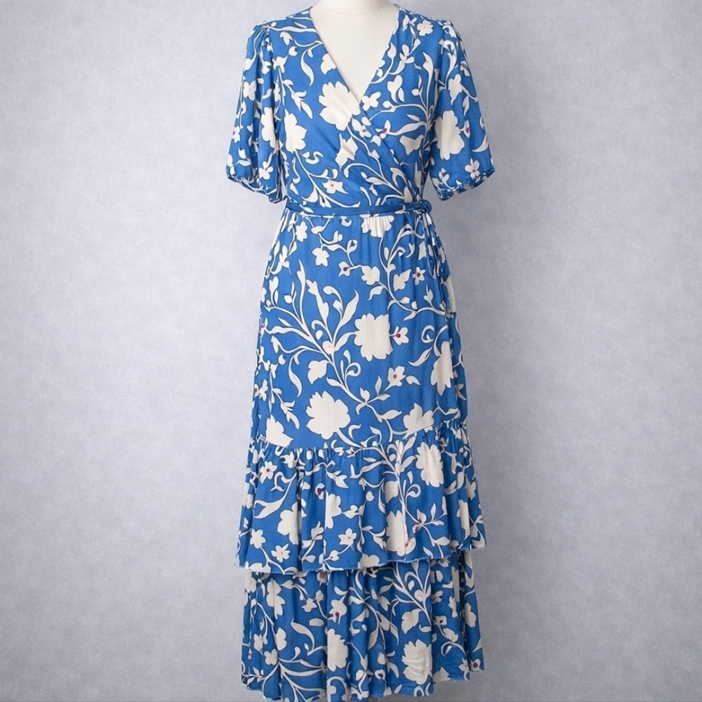 NWT Knox Rose Boho Blue Floral Wrap Midi Dress Puff Sleeve Tiered Skirt Pockets